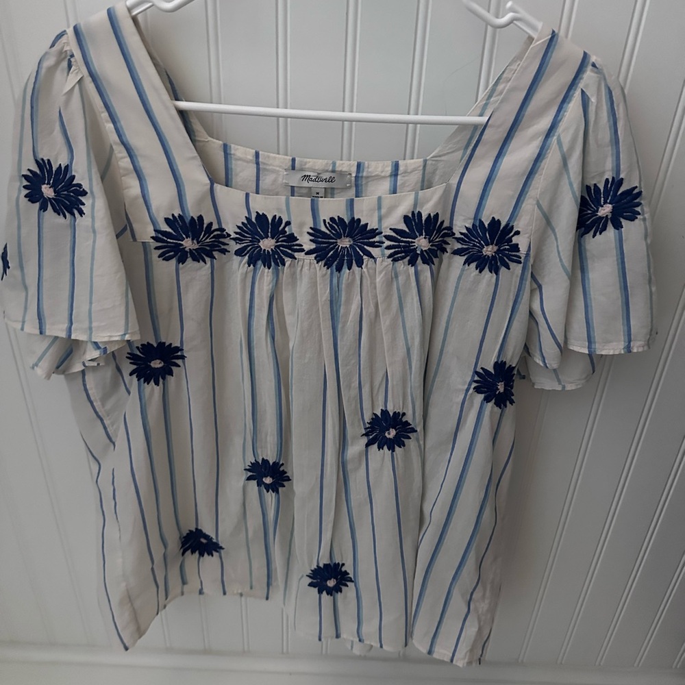 Madewell Cream Smocked Embellished Blouse Short Sleeve